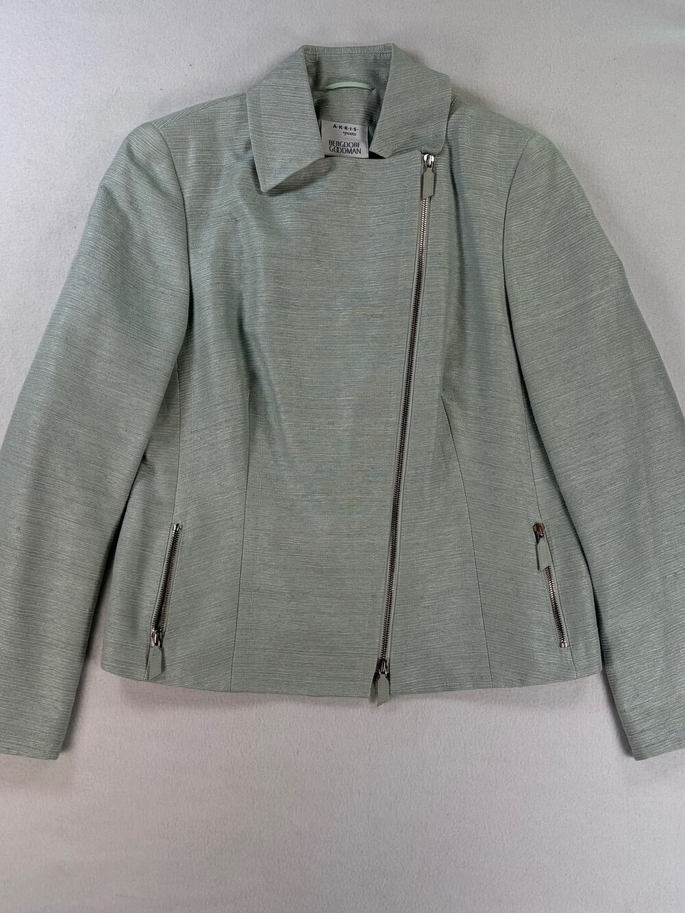 Akris Punto Moto Jacket 100% Silk Ribbed Texture Mint Green Women's Size 10